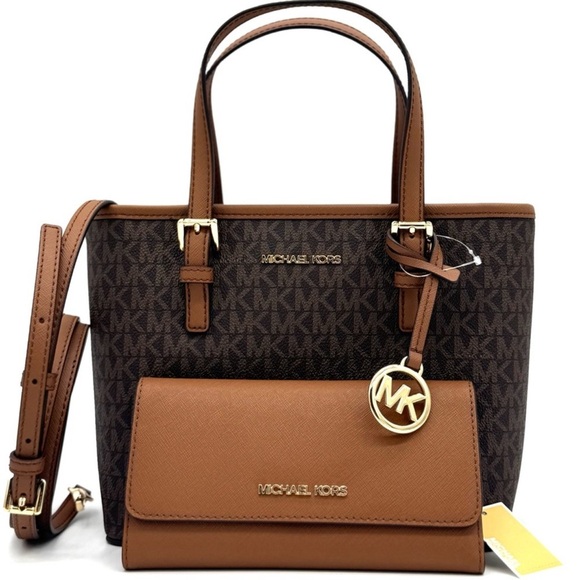 Michael Kors Jet Set Travel Extra-Small Top-Zip lote Bag & Trifold Wallet Brown - Picture 1 of 12